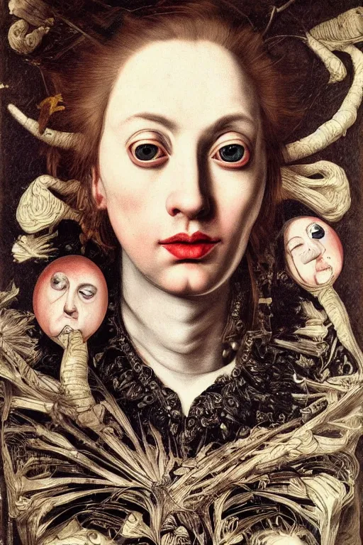 Prompt: Detailed maximalist portrait with large lips and with large eyes, sad expression, bones, HD mixed media, 3D collage, highly detailed and intricate illustration in the style of Caravaggio, dark art, baroque