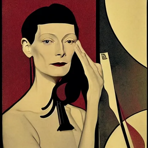 Image similar to a portrait by coles phillips of the stunningly beautiful actree, tilda swinton, mucha, kandinsky, art deco, decadence,