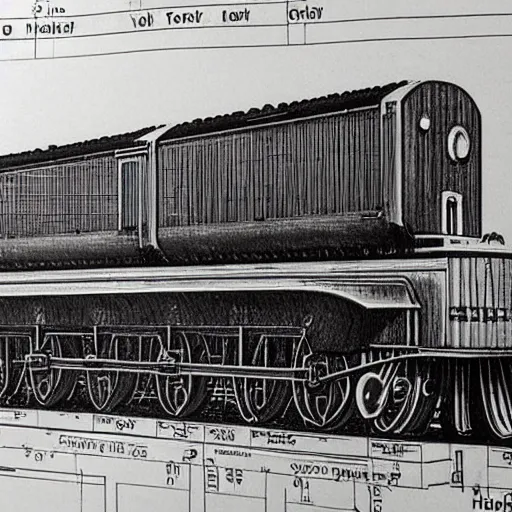 Image similar to blueprints for a nuclear powered train, high detail