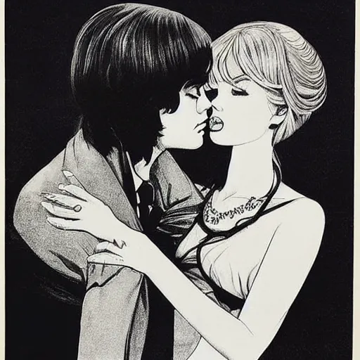 Prompt: 1 9 6 0 s drawingsymmetrical pretty elegant brigitte bardot as a vampire kissing alain delon, very detailed intricate intaglio, style of takato yamamoto, lots of flowers