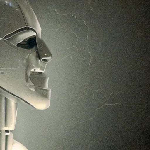 Image similar to movie scene of a man with a robot head, movie still, cinematic composition, cinematic lightning, Movie by David Lynch and Andrzej Żuławski