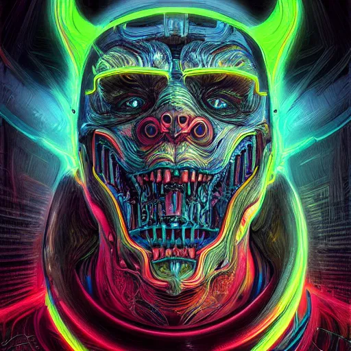 Prompt: ancient neon monster portrait, intricate artwork by basil gogos josan gonzalez, artgerm, h. r. giger, kilian eng, very coherent artwork, cinematic, hyper realism, vibrant, octane render, unreal engine, 8 k, high contrast, higly detailed black ink outline