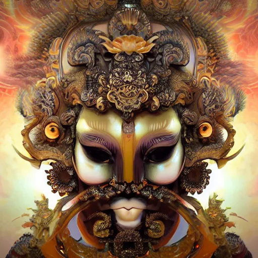 Image similar to 3 d goddess fractal close - up frontal portrait with ram golden skull. beautiful intricately detailed japanese fractal kitsune mask and clasical japanese kimono. betta fish, jellyfish fractal, bio luminescent, plasma, ice, water, wind, creature, mandelbulb, fractal, artwork by tooth wu and wlop and beeple and greg rutkowski