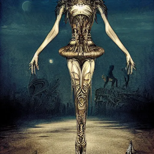 Image similar to burning man ballerina, digital art, post apocalyptic, fantasy, by h. r. giger