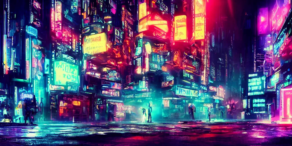 Prompt: cyberpunk street scene, neon lights and ads, holographic ads, film still from blade runner, dark atmosphere, cinematic, detailed,