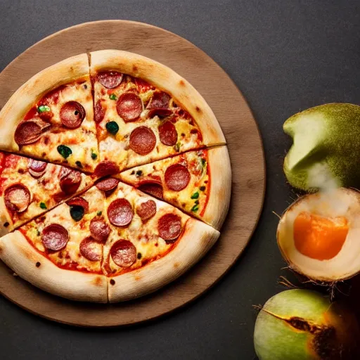 Image similar to a 🍕 made entirely out of 🥥 , 🥥 🍕 hybrid, 4k food photography