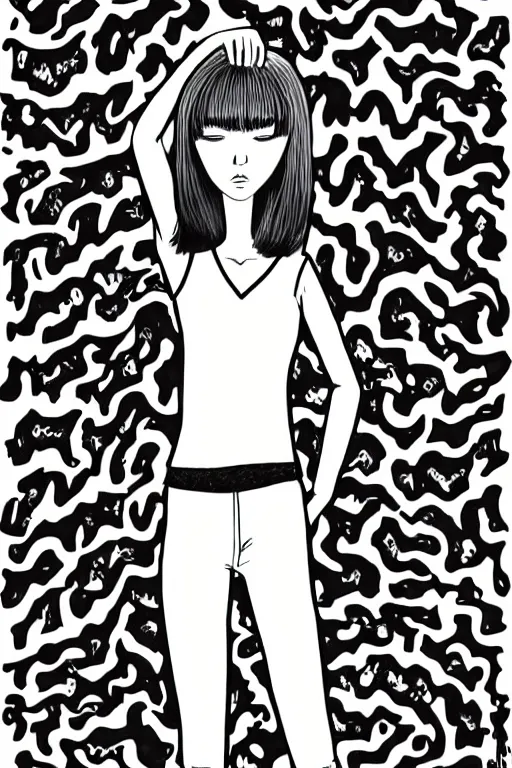 Image similar to portrait of a girl in long pants and a top, hands in pockets, eyes closed, bob haircut, digital art, black and white, illustration by junji ito