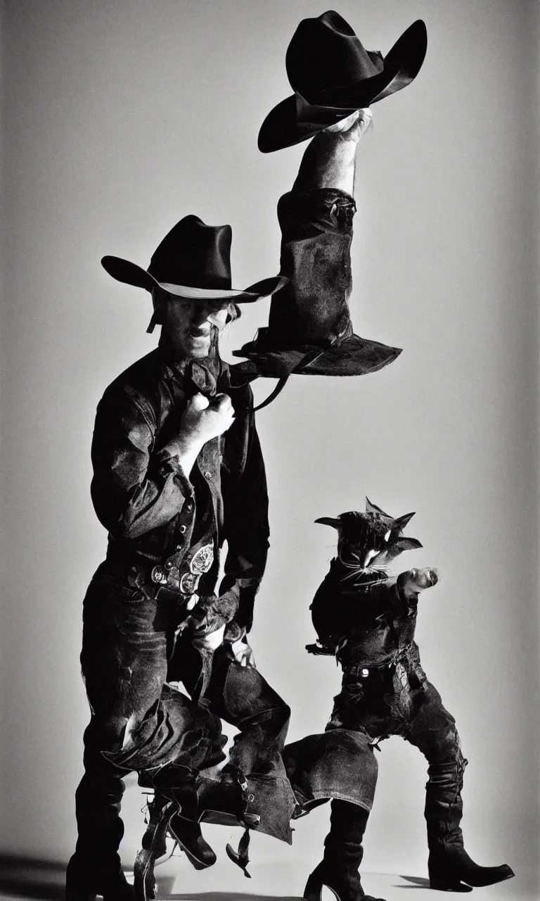 Image similar to Cat wearing a cowboy hat and boots by Anton Corbijn