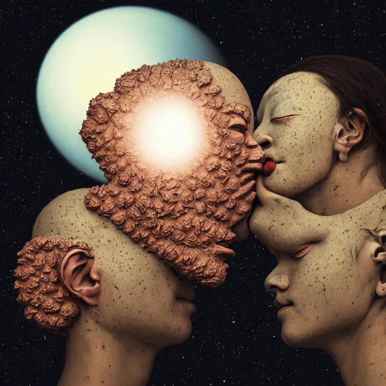 Prompt: paper collage by annegret soltau of two buddhist demons kissing each other in wastelands on white exoplanet at night, baroque portrait painting, beautiful intricate insanely detailed octane render, artstation, 8 k artistic harsh flash photography, photorealistic, volumetric perfect light, chiaroscuro, raphael, caravaggio, beksinski, rutkowski, giger