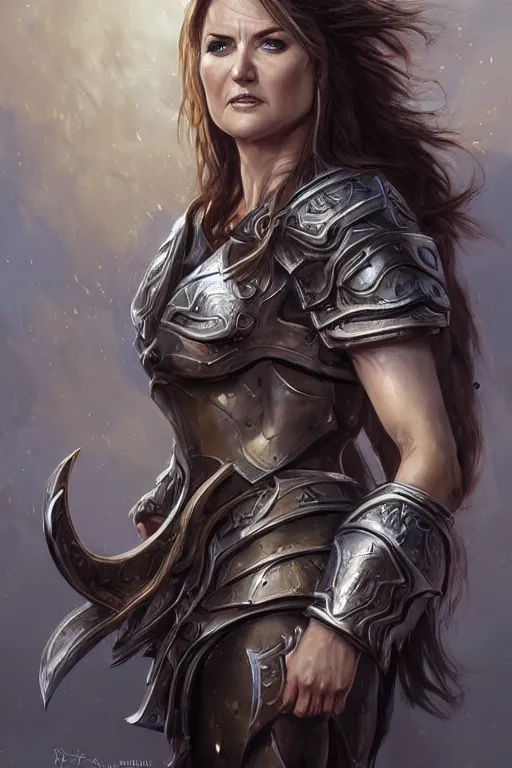 Image similar to a finely detailed portrait of Lucy Lawless, clothed in battle armor, olive skin, long dark hair, beautiful bone structure, symmetrical facial features, intricate, elegant, digital painting, trending on Artstation, concept art, smooth, sharp focus, illustration, from World of Warcraft, by Ruan Jia and Mandy Jurgens and Artgerm and william-adolphe bouguerea, award winning