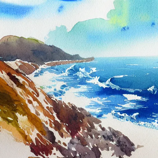 Image similar to a beautiful watercolor and pen painting of the california coastline