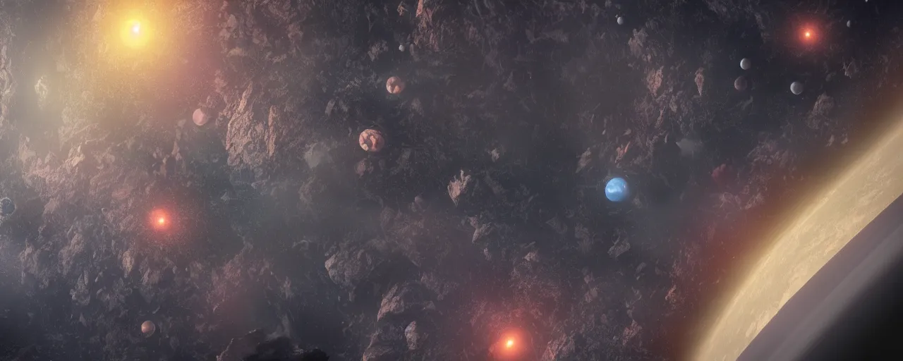 Image similar to cinematic _ render _ of _ atmospheric _ deep _ space _ volumetric _ lighting with planets _ cathrin _ machin