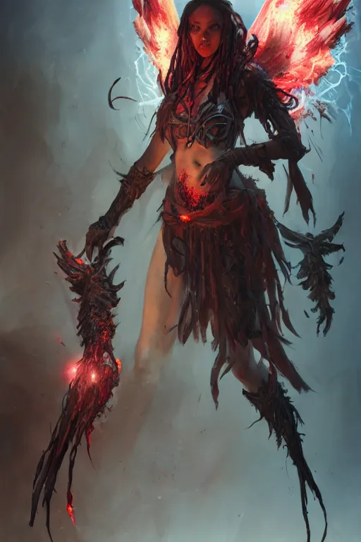 Image similar to beautiful girl necromancer, witch - doctor covered in blood, fallen angel, diablo, 3 d render, hyper - realistic detailed portrait, holding fire and electricity, ruan jia, wlop. scifi, fantasy, magic the gathering, hyper detailed, octane render, concept art, peter mohrbacher