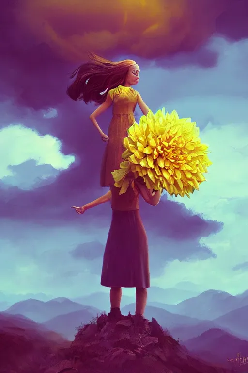 Image similar to closeup girl with huge yellow dahlia flower face, intricate, standing on mountain, surreal photography, blue storm clouds, dramatic light, impressionist painting, digital painting, artstation, simon stalenhag