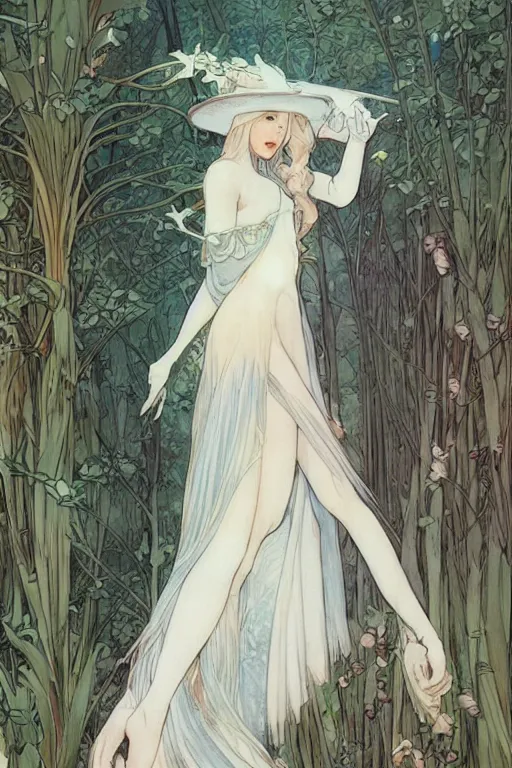 Image similar to Character design of a pure white witch in big witch‘s hat and cape from the Garden of Eden by mucha and range murata