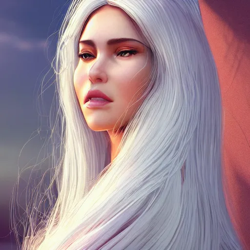 Prompt: digital art of a hispanic woman with long white hair wearing a dress, summer warm weather, beautiful lighting, by artgerm, by magali villeneuve, highly detailed, octane render, beautiful face, 4 k, trending on artstation
