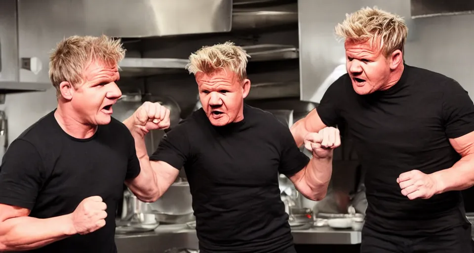 Image similar to photo of angry furious Gordon Ramsay punching Gordon Ramsay at the kitchen