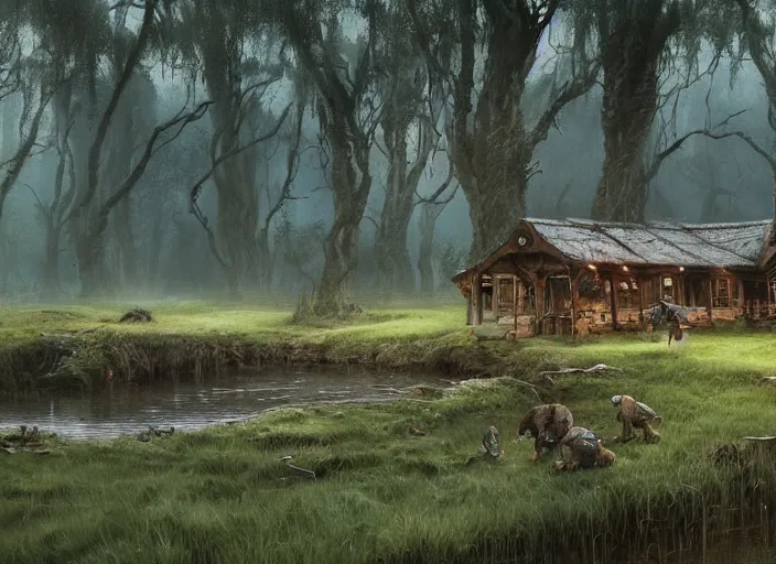 Prompt: kobolds in the shire scenery landscape, lord of the rings, swamp, wet, reflections, at twilight, crude wooden huts, rule of thirds, highly detailed, perfect lighting, perfect composition, 4 k, artgerm, derek zabrocki, greg rutkowski