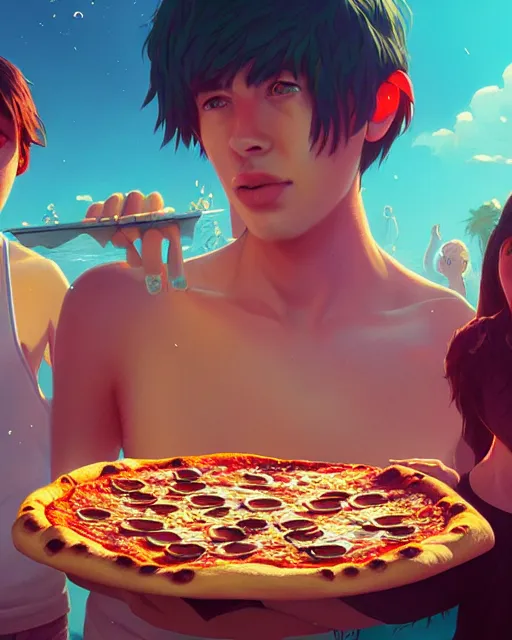 Image similar to highly detailed surreal vfx portrait of a pizza pool party, stephen bliss, unreal engine, greg rutkowski, loish, rhads, beeple, makoto shinkai and lois van baarle, ilya kuvshinov, rossdraws, tom bagshaw, global illumination, detailed and intricate environment