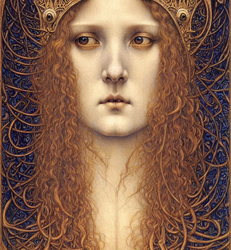 Image similar to detailed realistic beautiful young medieval queen face portrait by jean delville, gustave dore and marco mazzoni, art nouveau, symbolist, visionary, gothic, pre - raphaelite. horizontal symmetry