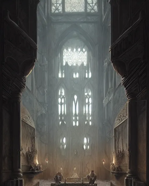 Image similar to middle ages throne room with a lot of people inside, dim light | | realistic shaded, fine details, realistic shaded lighting poster by greg rutkowski, diego gisbert llorens, magali villeneuve, artgerm, jeremy lipkin and rob rey