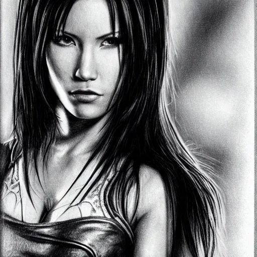 Prompt: hyper realistic pencil drawing of tifa lockheart, detail,