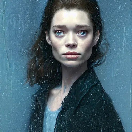 Image similar to Astrid Frisbey in the style of Paola Vetri, head and shoulders portrait, stormy weather, extremely detailed masterpiece, oil on canvas, low-key neon lighting, artstation, Blade Runner 2049, Roger Deakin’s cinematography, by J. C. Leyendecker and Peter Paul Rubens and Edward Hopper and Michael Sowa,