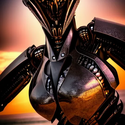 Image similar to close up bust shot, realistic detailed stunning beautiful armored anthropomorphic humanoid female robot dragon, doing an elegant pose, looking to the side, sleek streamlined armor and design made of steel, sharp claws and sharp teeth, Slick LEDs, standing on two legs, on the beach during sunset, high quality, cinematic art, sunset lighting, artstation, deviantart, furaffinity