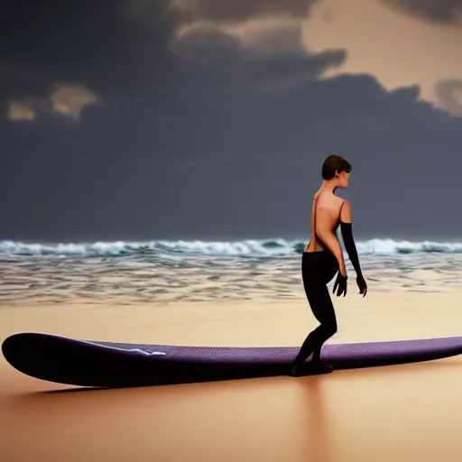 Image similar to beagle on a surfboard, surfing waves of an ocean, digital art, octane render, imax, trending on artstation, dark mood