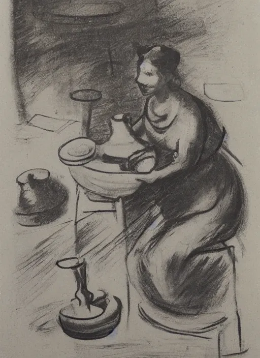 Image similar to abstract stylized charcoal drawing of a woman sitting at a pottery wheel working on a vase, john singer sargent, van gogh, miro, vermeer
