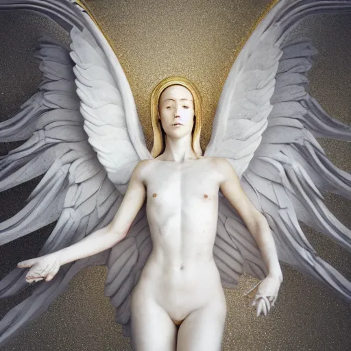 Image similar to a statue made of white marble with gold veins, of an beautiful gorgeous angel girl, full body shot, perfect symmetrical body, perfect symmetrical face, no eyes, hyper realistic, hyper detailed, fujicolor superia 1 6 0 0 photo, by peter kemp, by monia merlo, by michelangelo octane render, blender, 8 k