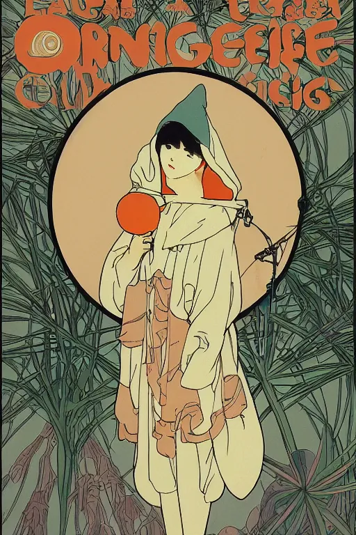 Image similar to a Girl in a large hood sitting on the ground and Slices of orange, cd and microphones float around ,Visual Communication Design by studio ghibli and mucha ,Refreshing colour