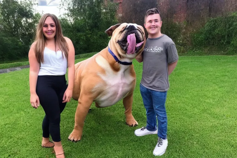 Prompt: a small person standing next to a giant bulldog and the bulldog is five times taller then the person