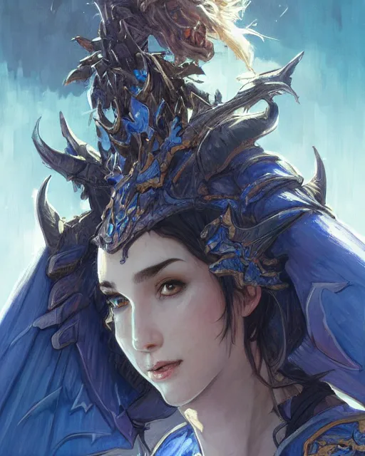 Image similar to Portrait of a Fantasy azure knight, moonlit, HD, illustration, epic, D&D, fantasy, intricate, elegant, highly detailed, digital painting, artstation, concept art, smooth, sharp focus, illustration, art by artgerm and greg rutkowski and alphonse mucha, monster hunter illustrations art book