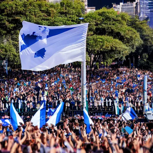 Image similar to Lady Gaga as president, Argentina presidential rally, Argentine flags behind, bokeh, giving a speech, detailed face, Argentina