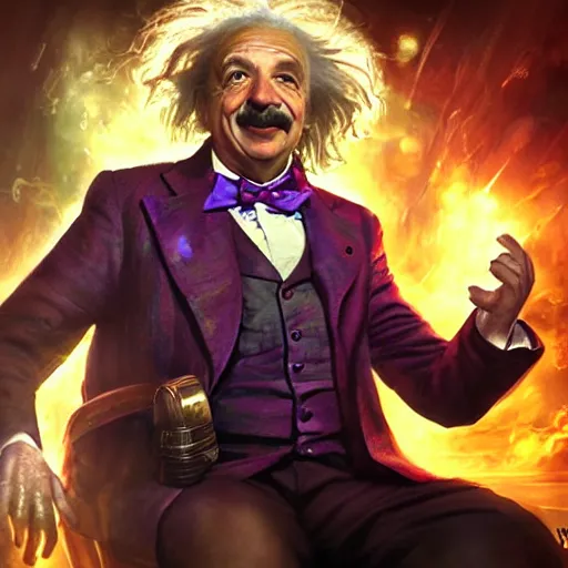 Image similar to portrait of albert einstein as willy wonka, league of legends amazing splashscreen artwork, gears of war, splash art, natural light, elegant, photorealistic facial features, intricate, fantasy, detailed face, atmospheric lighting, anamorphic lens flare, cinematic lighting, league of legends splash art, hd wallpaper, ultra high details by greg rutkowski