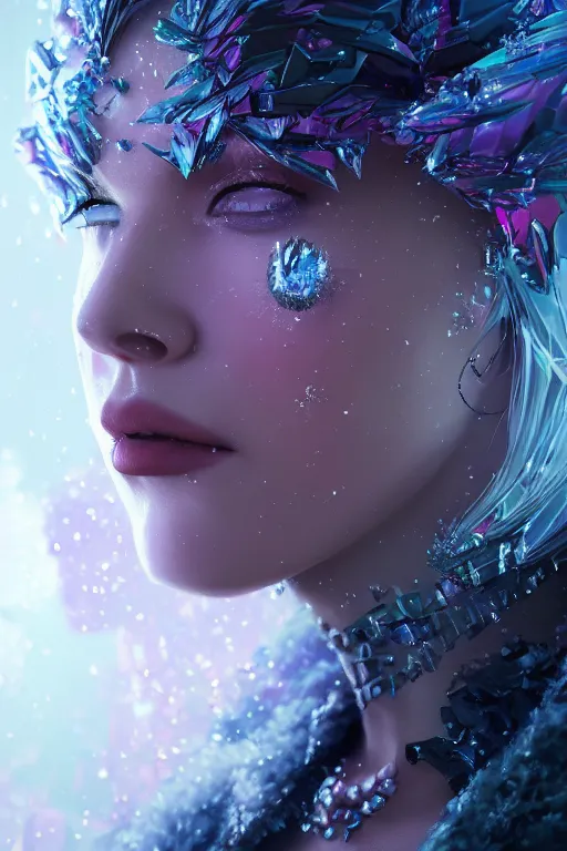 Image similar to A fancy portrait of a crystalized women by Greg Rutkowski, beeple, Sung Choi, Mitchell Mohrhauser, Maciej Kuciara, Johnson Ting, Maxim Verehin, Peter Konig, final fantasy, macro lens , 8k photorealistic, cinematic lighting, HD, high details, dramatic, dark atmosphere, trending on artstation