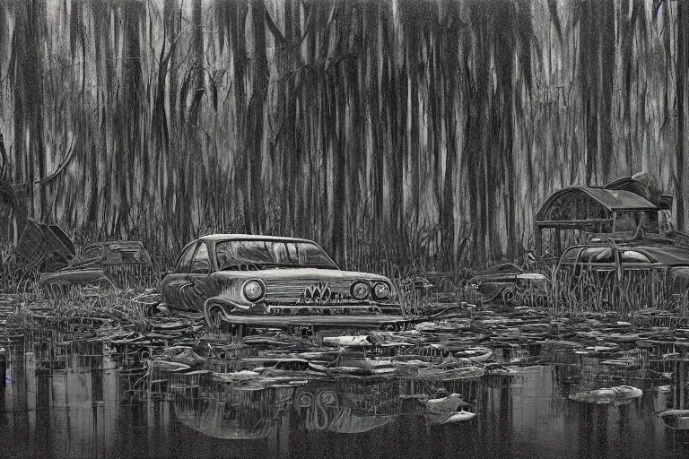 Image similar to scene from louisiana swamps, graveyard, portrait, canibal cult, old protestant church with neon satanic pentagram, junkyard by the road, boy scout troop, voodoo artwork by tim eitel