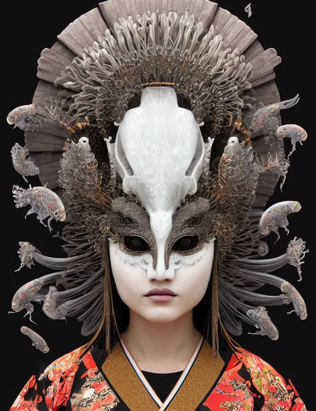 Image similar to 3 d goddess close - up 3 / 4 portrait with ram skull. beautiful intricately detailed japanese crow kitsune mask and clasical japanese kimono. betta fish, jellyfish phoenix, bio luminescent, plasma, ice, water, wind, creature, artwork by tooth wu and wlop and beeple and greg rutkowski