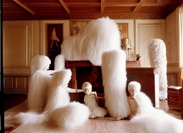Prompt: realistic documentary landscape photo of the family morphing into a big white fluffy hairy acropolis, in the wooden and fancy expensive wooden room interior, neutral colors, 1 9 9 0, life magazine reportage photo