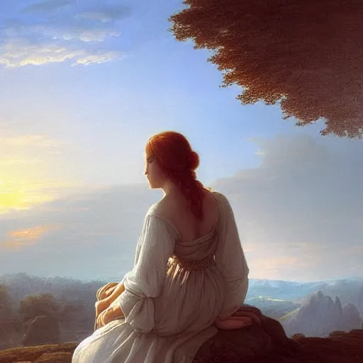 Image similar to a beautiful painting of a woman in a white cotton dress pondering life as she watches the sun set, nature, deviantart, fantasy art, sunrays shine upon it, deviantart, mystical, art style by claude joseph vernet and caspar david friedrich