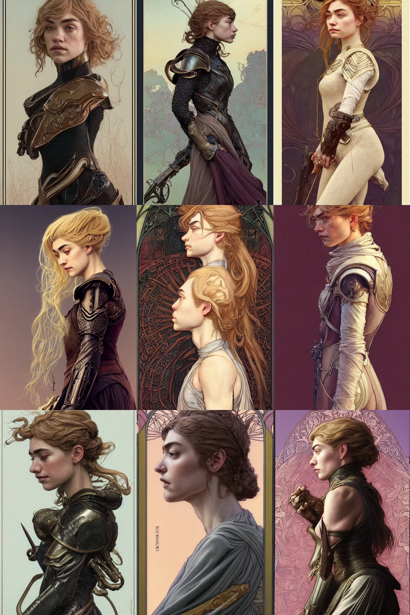 Prompt: side profile portrait, imogen poots paladin, by eve ventrue, casey weldon, charles vess, martine johanna, artgerm. art nouveau. neo - gothic tarot card by mucha. dota, sharp edges. ultra clear detailed. 8 k. elegant. octane render