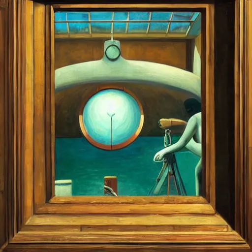 Image similar to giant bathysphere interior, portholes, scuba divers, grant wood, pj crook, edward hopper, oil on canvas