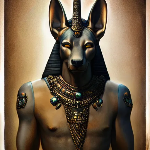 Image similar to portrait of anubis, intricate artwork, concept art, octane render, deviantart, cinematic, key art, hyperrealism, iridescent accents, portrait photograph, nikon 3 5 mm, photograph by greg rutkowski