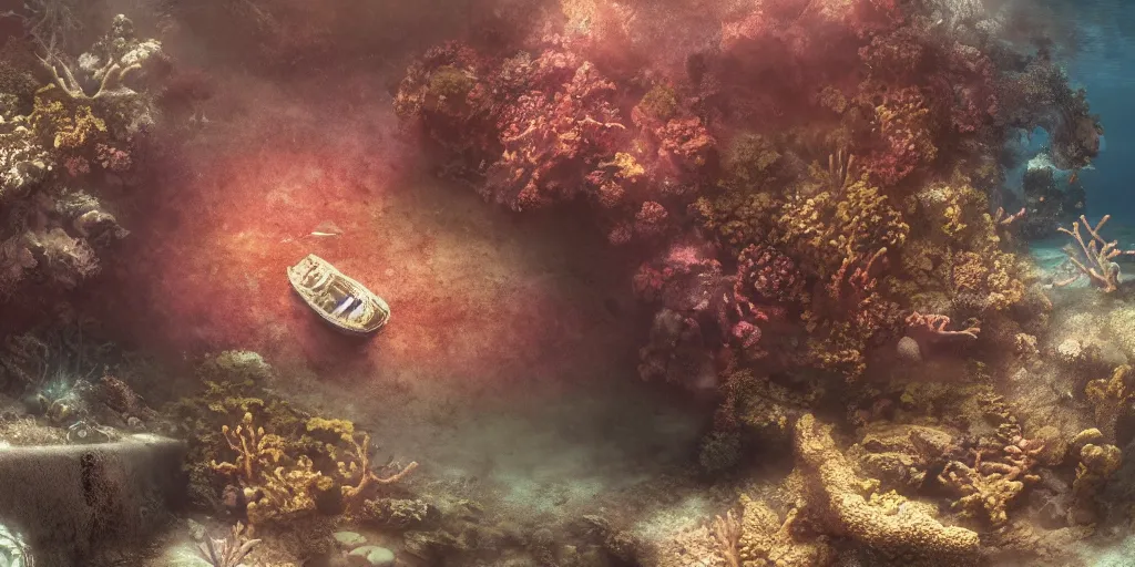 Image similar to a underwater ship ruins covered by corals, godrays, epic image, path traced, shipwreck, hyperrealistic, concept art, octane render, unreal engine 5, some fish, centered, symmetrical, low contrast, cinematic, soft lighting, high coherence, digital painting, masterpiece, digital art, serene scenery, old, elegant