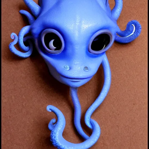 Image similar to character design of an adorable baby faced alien with tentacles on the sides of it's mouth, blue, tiny horns