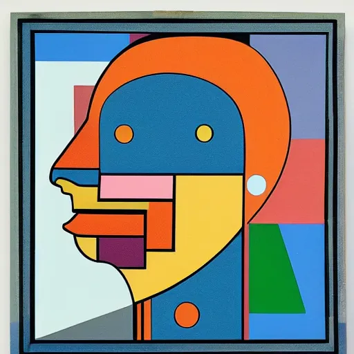 Prompt: futurist painting of a box shaped like a human head, opening, hinge, geometric painting
