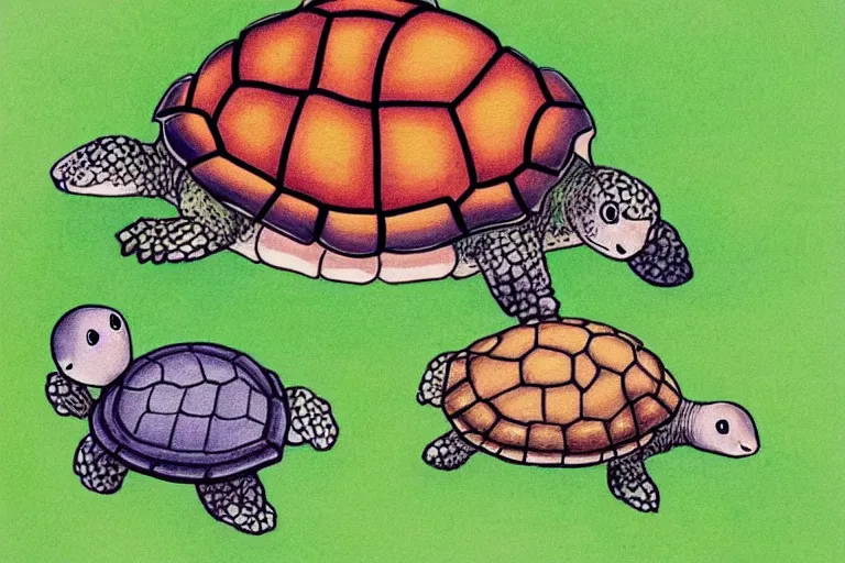 Prompt: turtle and chick, children's book illustration, beautiful