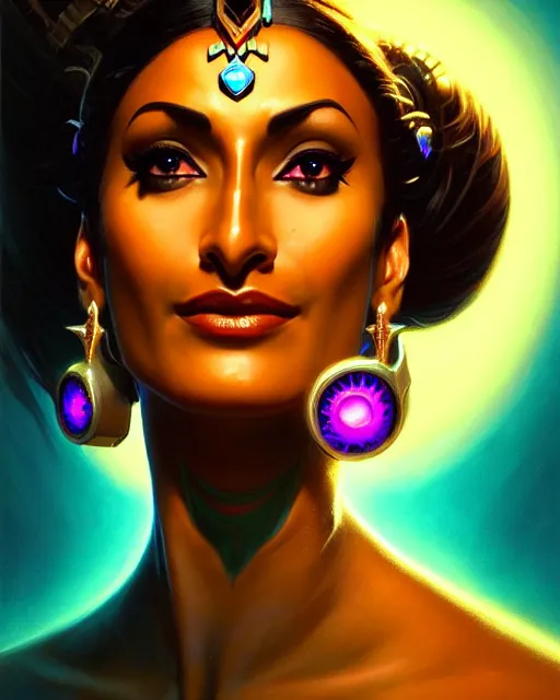 Image similar to symmetra from overwatch, fantasy, fantasy art, fantasy, colorful, elegant, character portrait, portrait, close up, highly detailed, intricate detail, amazing detail, sharp focus, vintage fantasy art, vintage sci - fi art, radiant light, caustics, by boris vallejo