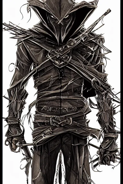 Prompt: assassin scarecrow, symmetrical, highly detailed, digital art, sharp focus, trending on art station, anime art style